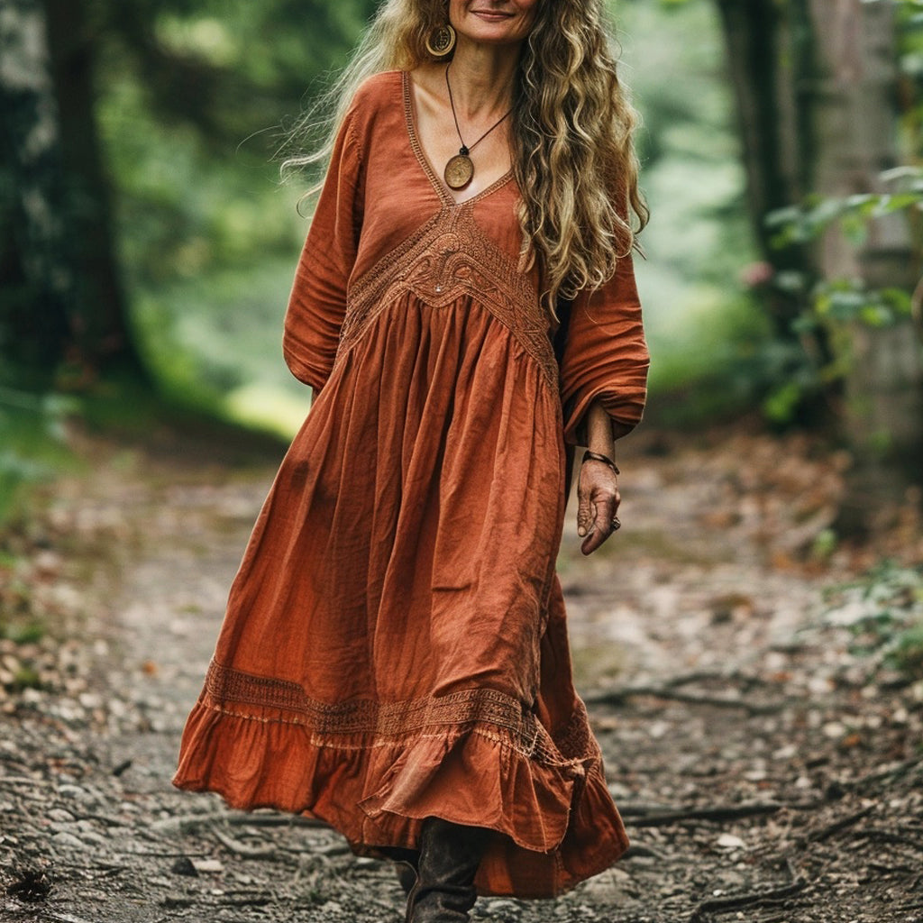 Women's Linen Bohemian Long-sleeve Maxi Long Dress