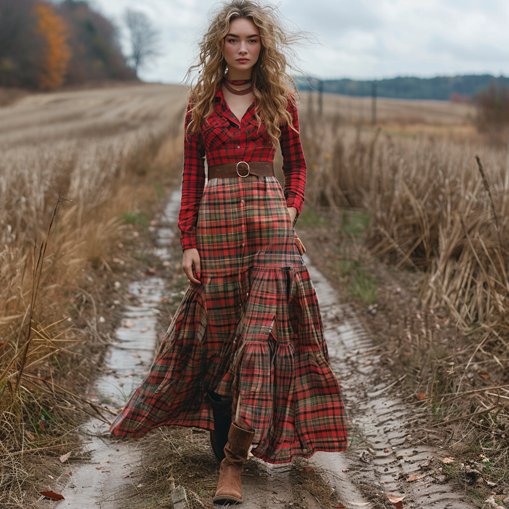 Women's Vintage V-neck Bohemian Pastoral Style Long-sleeve Maxi Long Dress