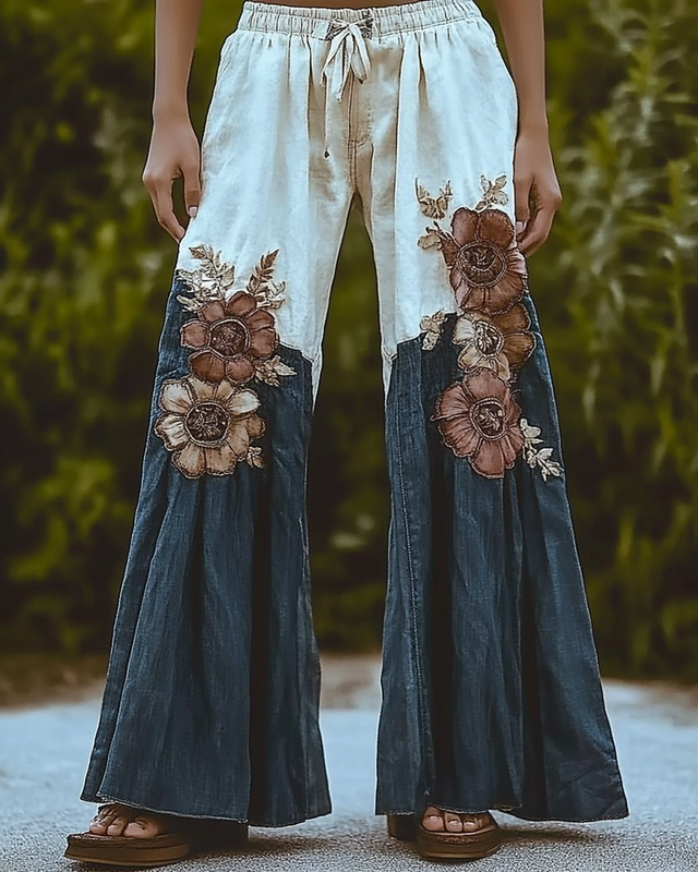 Vintage Loose Casual Denim Splicing Jeans Pants fe2d