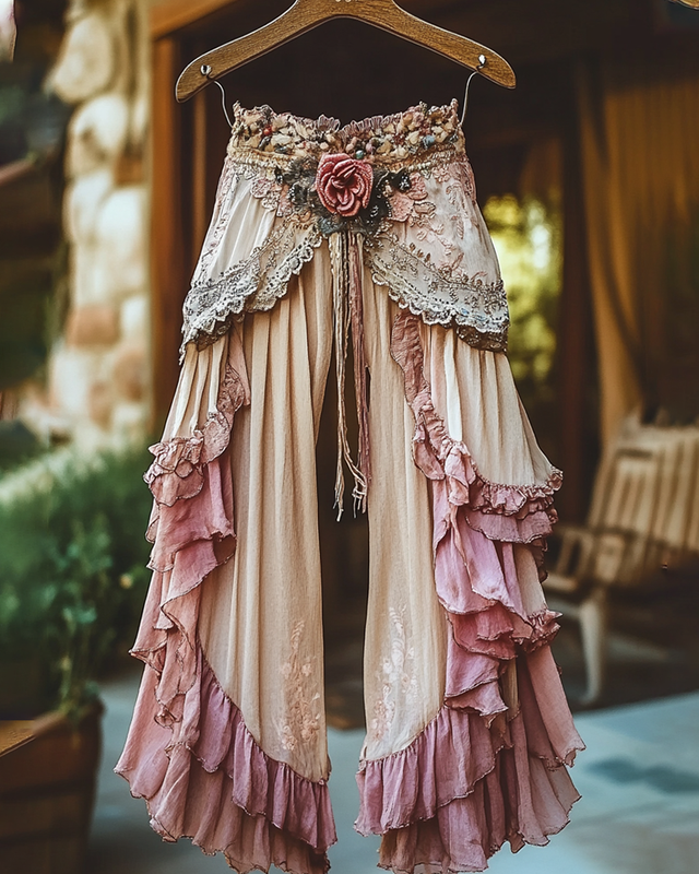 Summer ruffled cotton and linen patchwork contrast color pants 2776