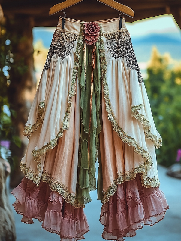 Summer ruffled cotton and linen patchwork contrast color pants 843b