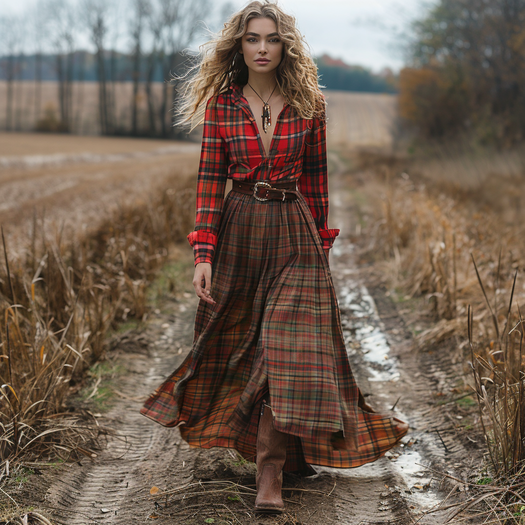 Women's Retro V-neck Plaid Long-sleeve Bohemian Pastoral Style Maxi Long Dress