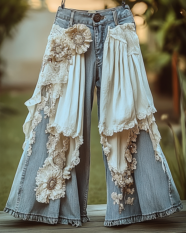 Summer Ruffle Linen Lace Splicing Denim Embroidery Pants 23cf