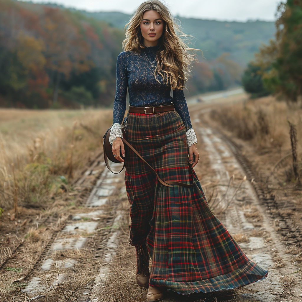 Women's Retro Plaid V-neck Long-sleeve Long Skirt Pastoral Style Maxi Long Dress