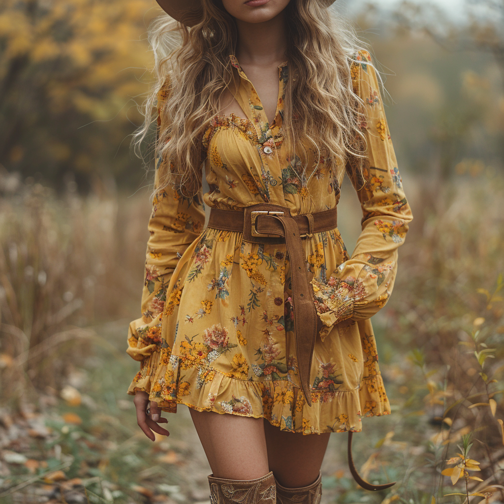 Women's Retro V-neck Floral Bohemian Pastoral Style Long-sleeved Mini Short Dress