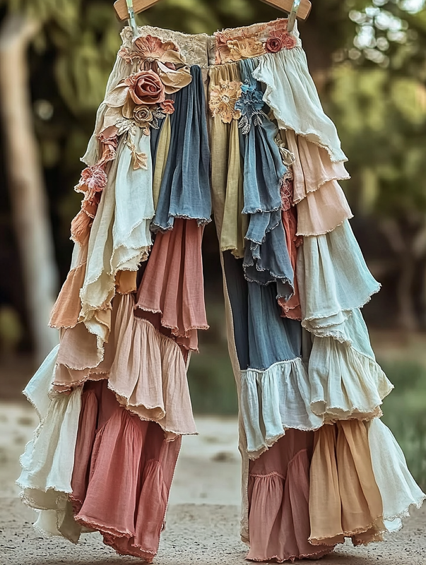 Summer rainbow lace hand-embroidered patchwork pants 6748