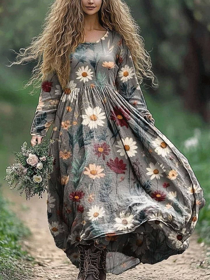 Women's Vintage Bohemian Floral Print Crew Neck Pocket Cotton Dress