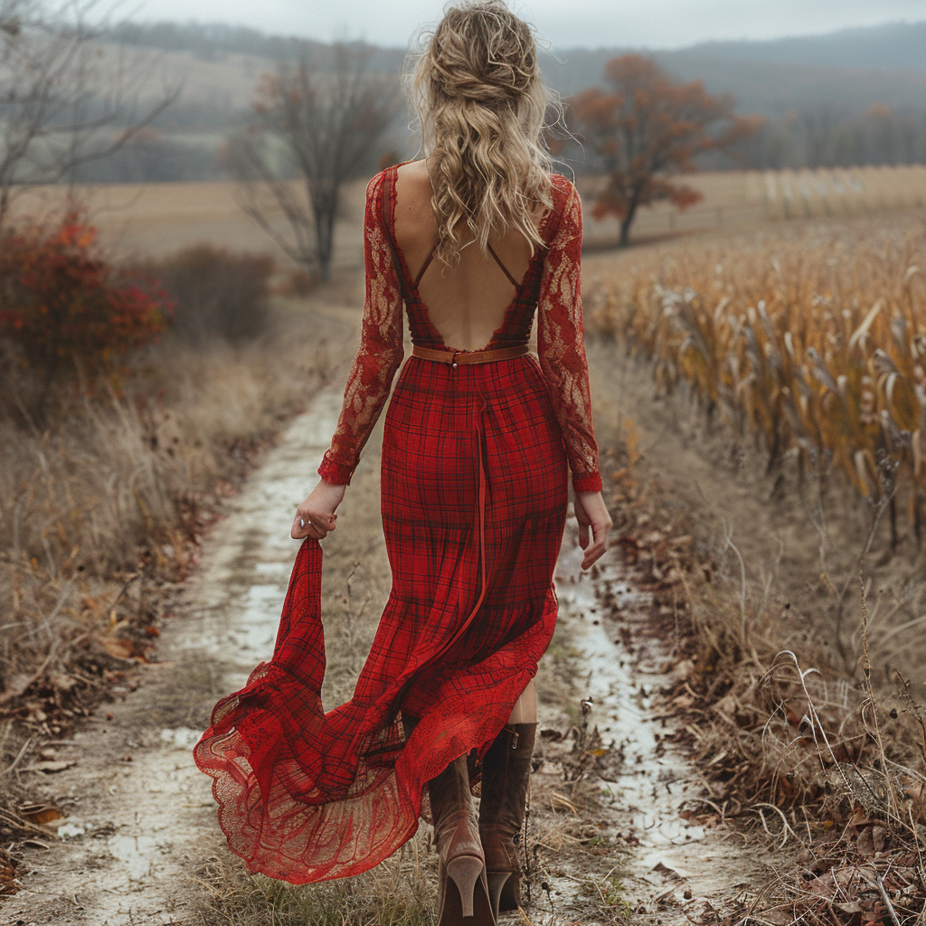 Women's Retro Pastoral Style Plaid Long-sleeve Sexy Maxi Long Dress