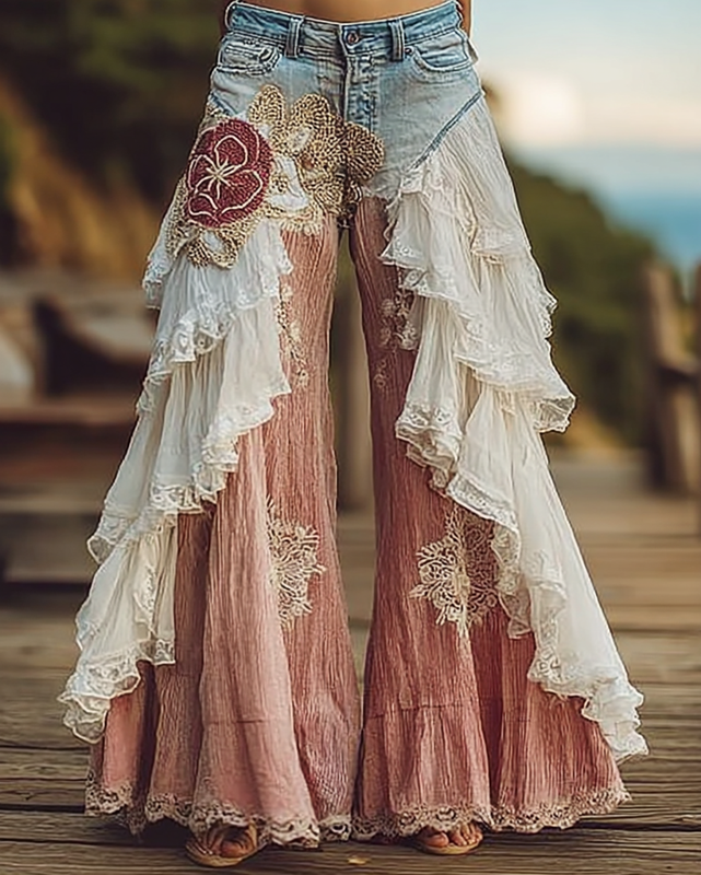 Summer Vacation Floral 3D Embroidery Ruffle Pants 8114