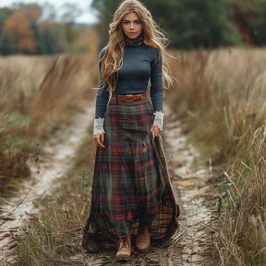 Women's Retro High Neck Long-sleeve Long Skirt Plaid Pastoral Style Maxi Long Dress