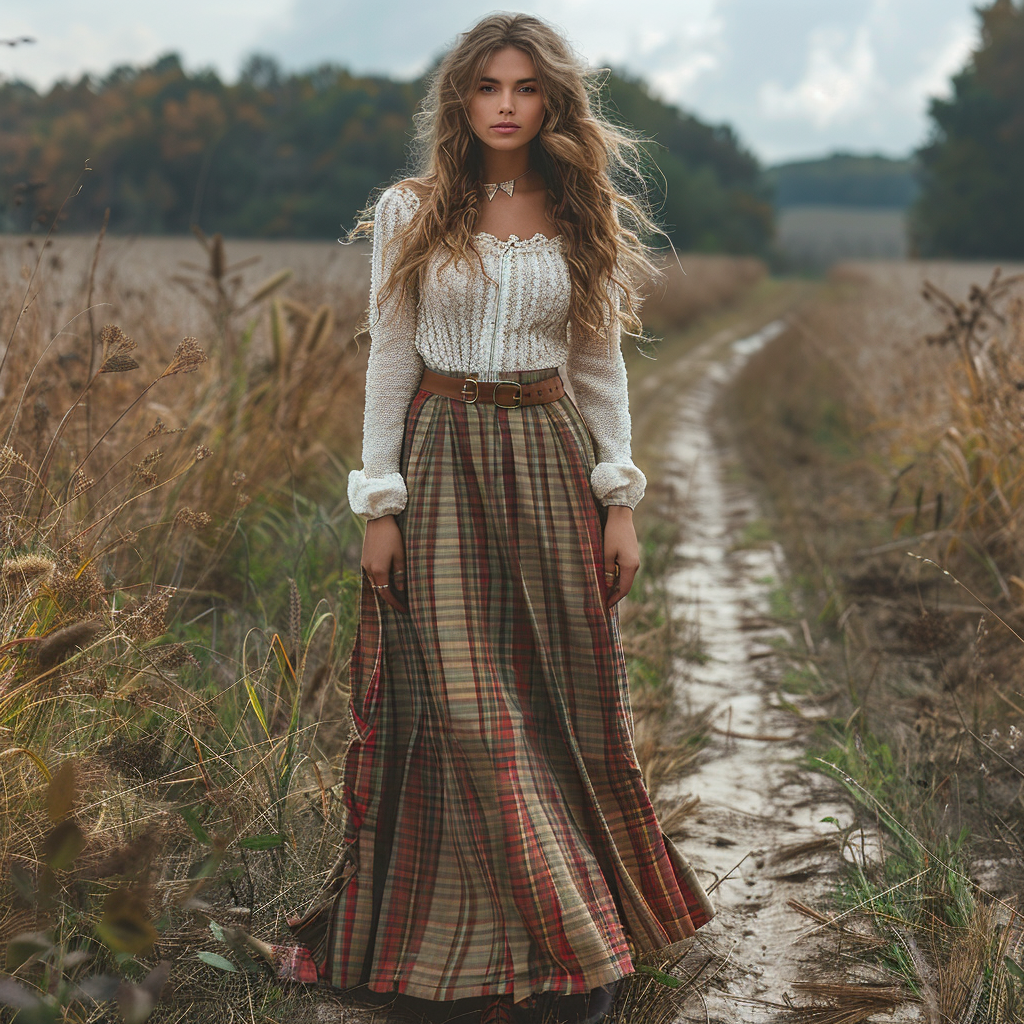 Women's Retro Plaid V-neck Long-sleeve Long Skirt Pastoral Style Maxi Long Dress