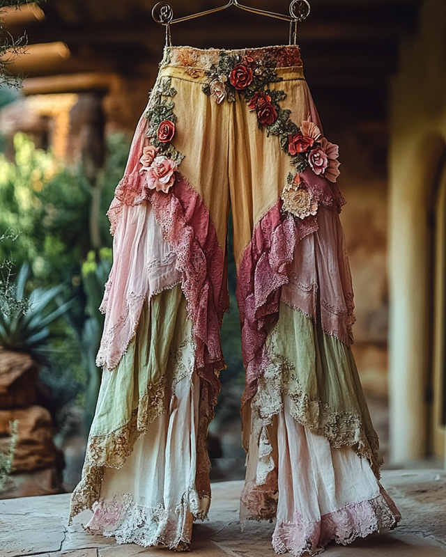 Summer Holiday Ruffle Color Gradient Splicing Linen Pants 5f21