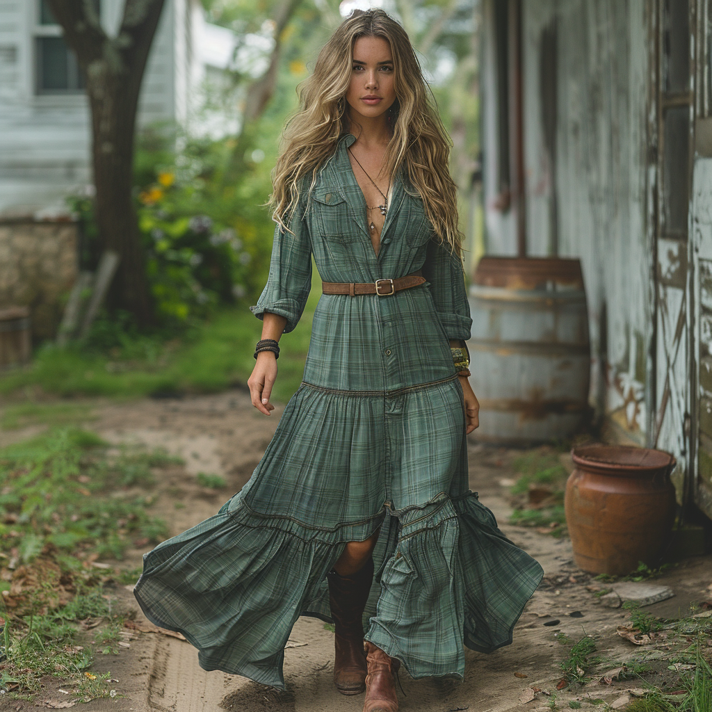 Women's Retro V-neck Plaid Long-sleeve Bohemian Pastoral Style Maxi Long Dress