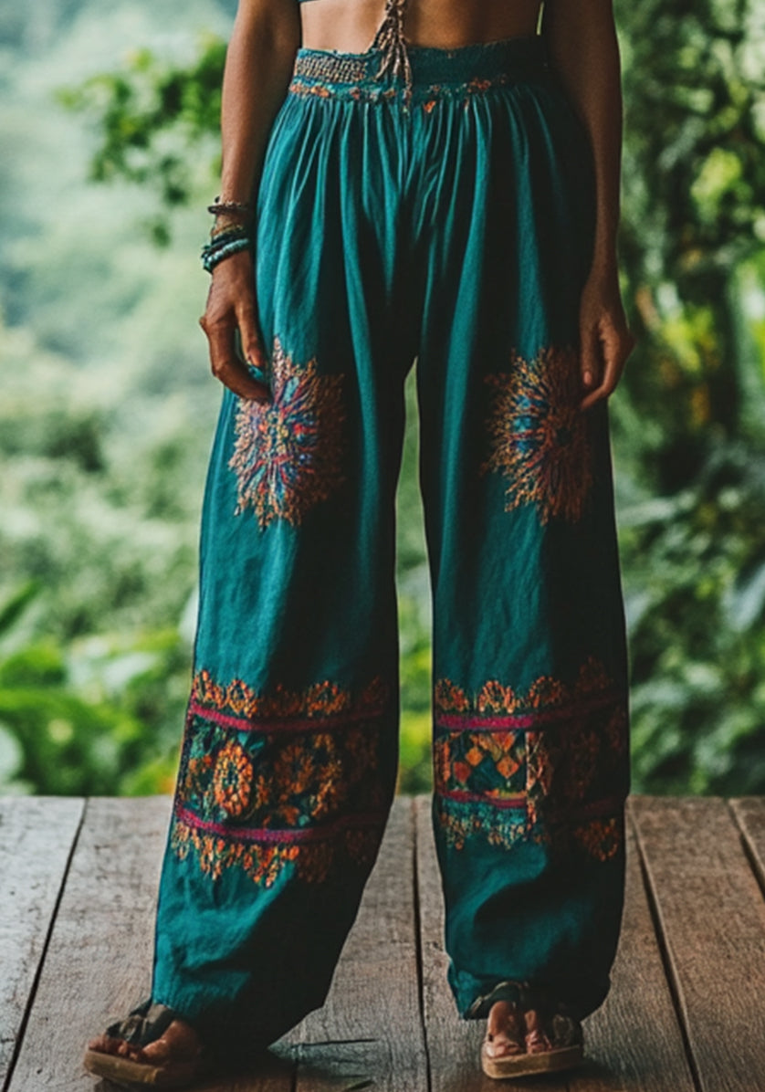 Summer Holiday Floral Embroidered Linen Trousers ec44