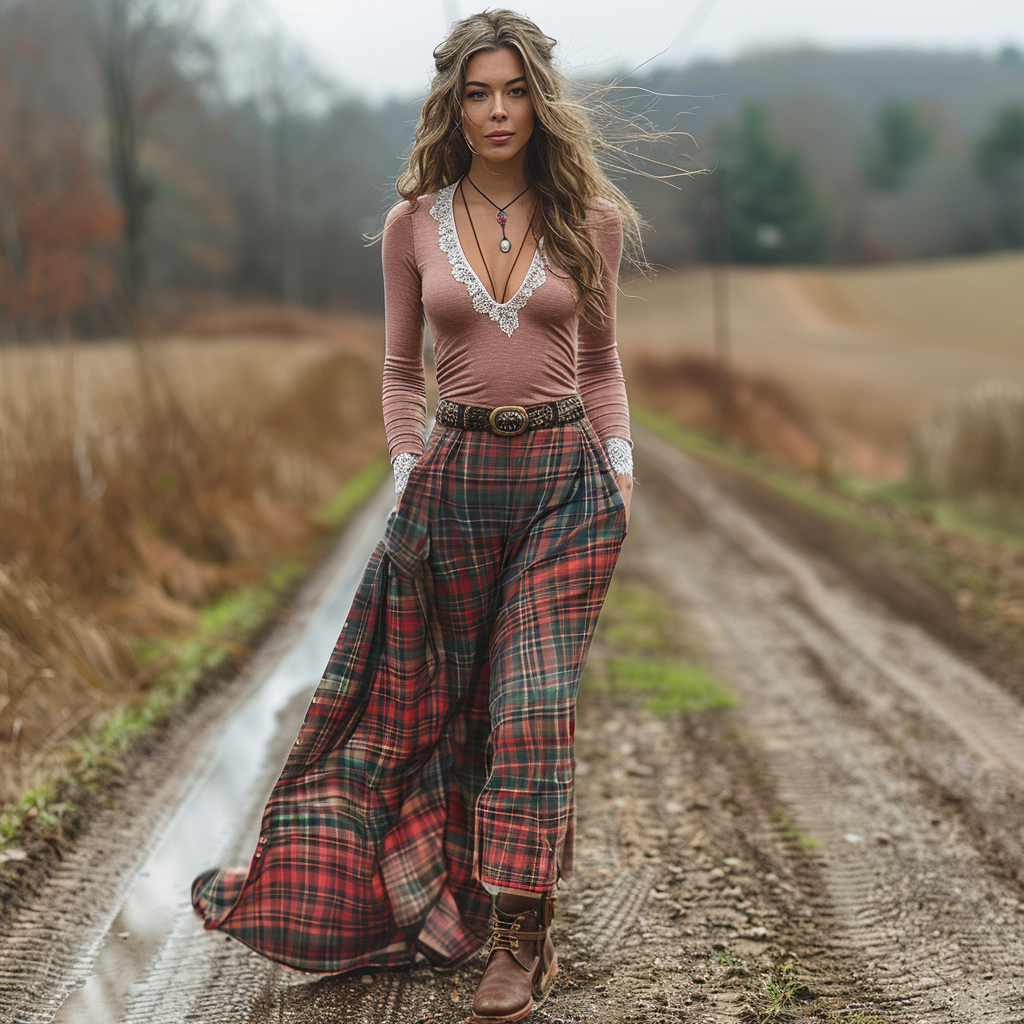 Women's Retro Plaid V-neck Long-sleeve Long Skirt Pastoral Style Maxi Long Dress