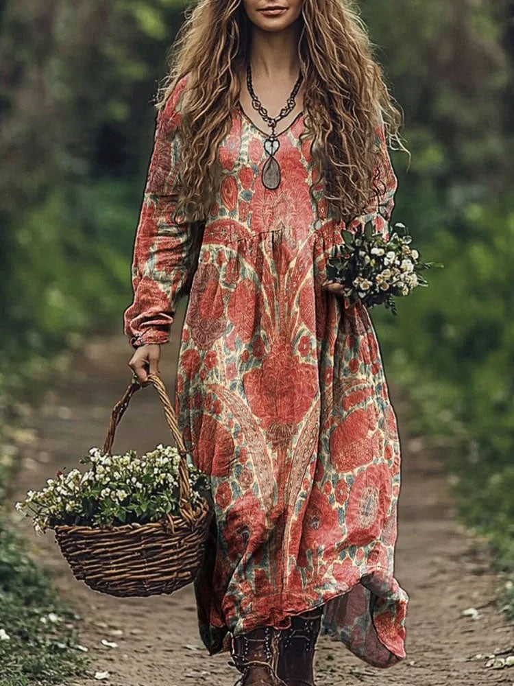 Women's Bohemian Ethnic Print V Neck Pocket Cotton Dress