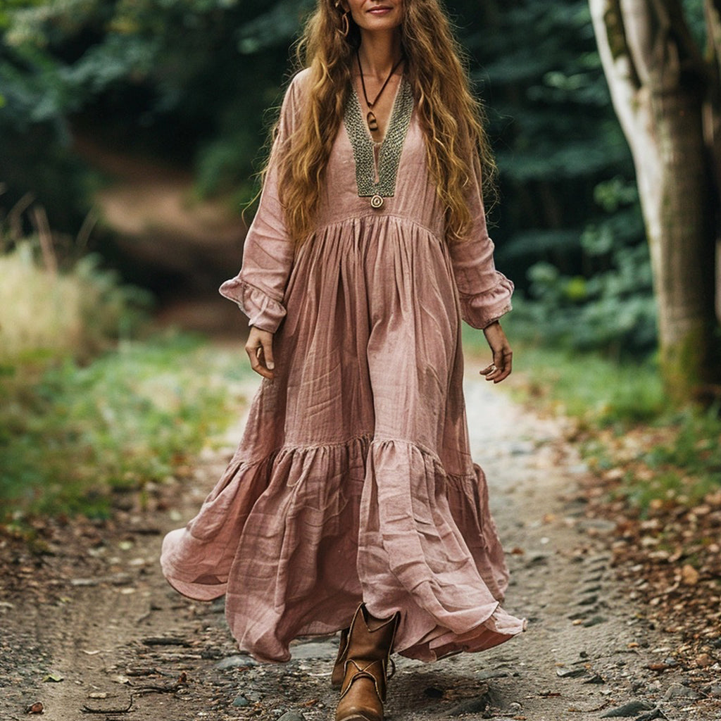 Women's Linen Bohemian Casual Long-sleeve Maxi Long Dress