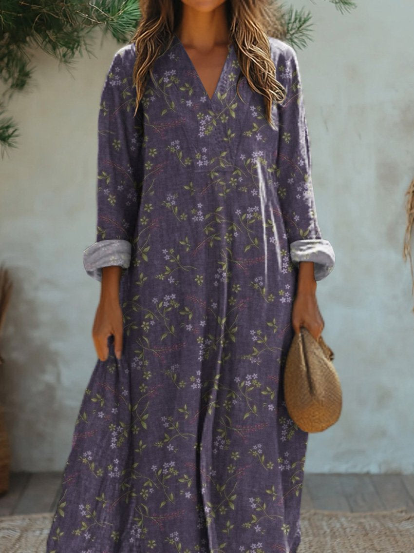 Vintage Lavender Floral Pattern Printed Women's Dress