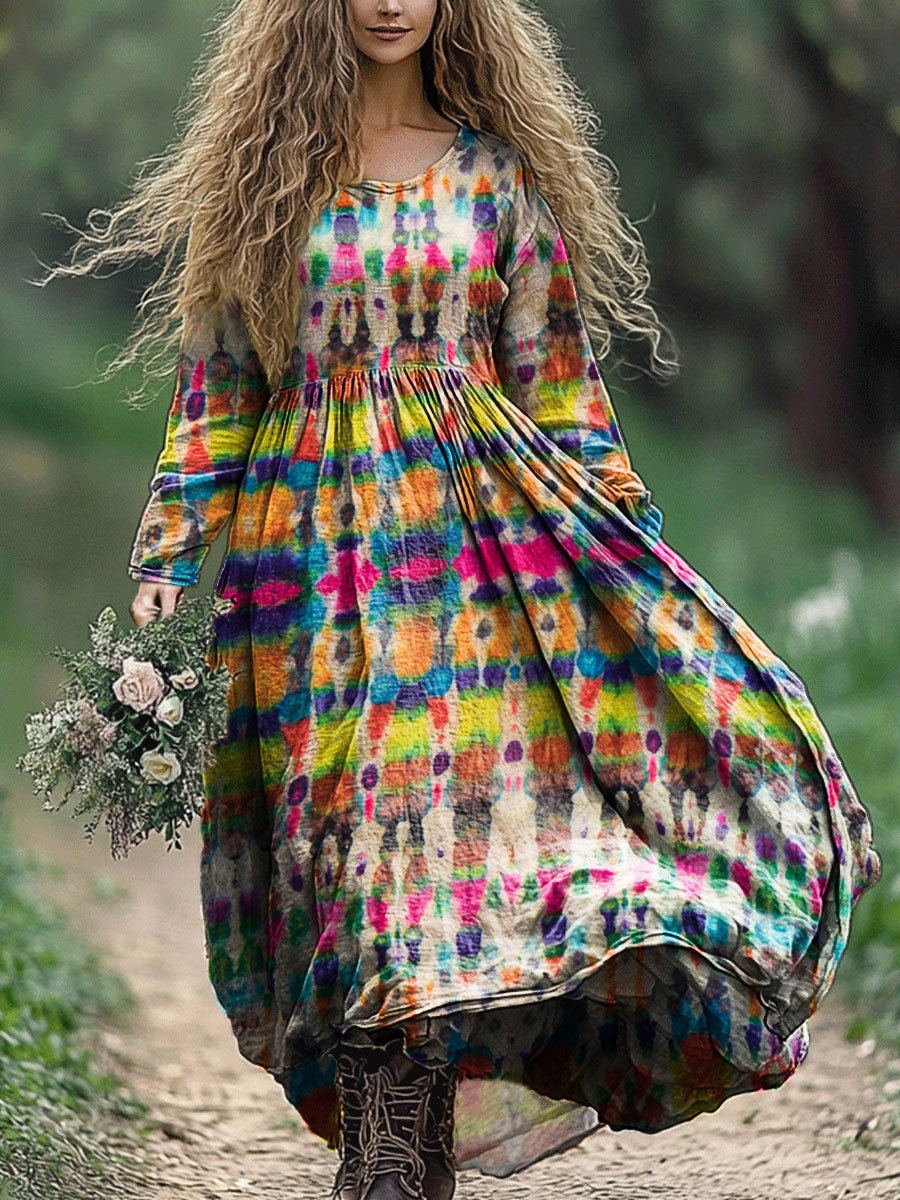 Women's Irregular Pattern Art Print Pocket Cotton Dress