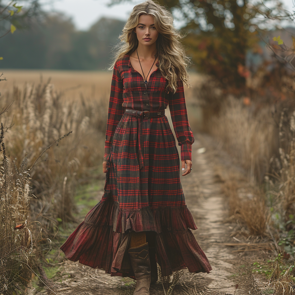 Women's Vintage V-neck Bohemian Pastoral Plaid Style Long-sleeve Maxi Long Dress