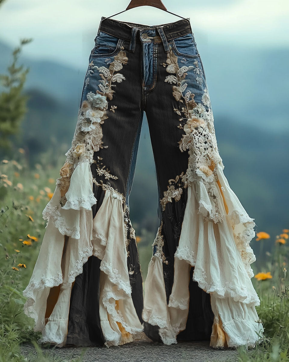 Summer ruffled denim cotton and linen patchwork contrast color pants 3d3a