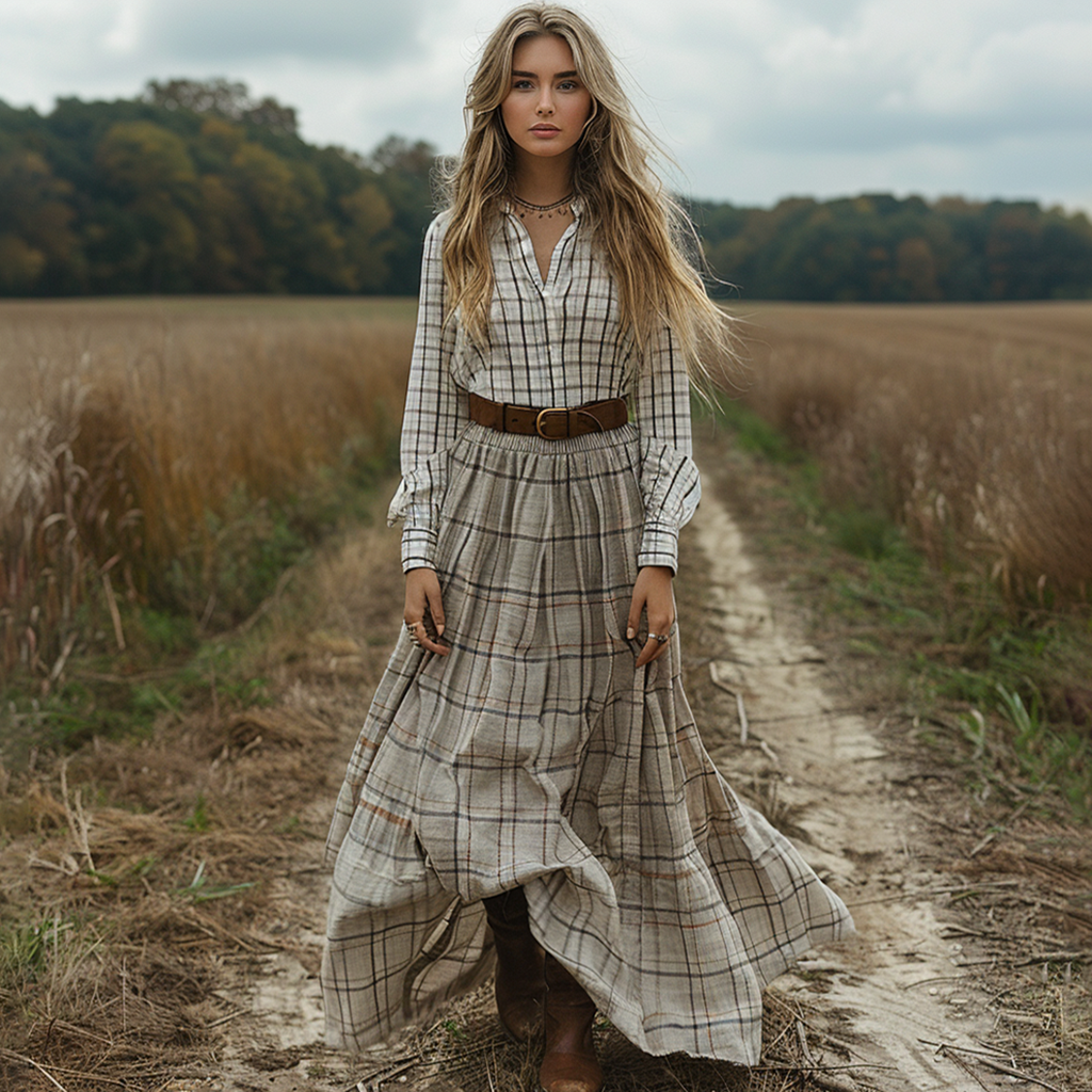 Women's Vintage V-neck Bohemian Pastoral Style Long-sleeve Maxi Long Dress