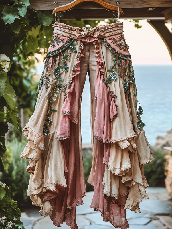 Summer ruffled cotton and linen patchwork contrast color pants 2c4f