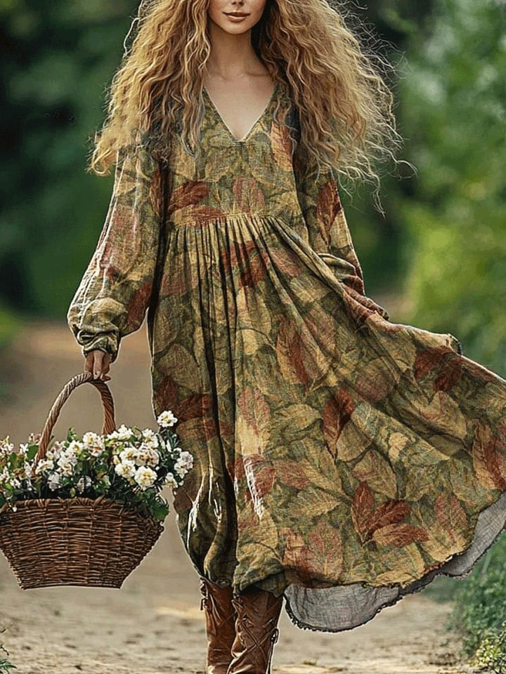 Women's Vintage Lovely Leaf Art Print Pocket Cotton Dress