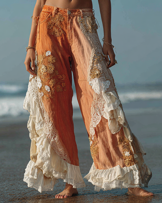 Summer Vacation Gradient Handmade Floral Embroidery Lace Ruffle Pants 8dbe