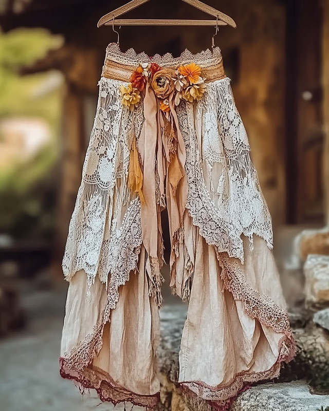 Summer Embroidered Ruffle Lace Patchwork Pants 6c84