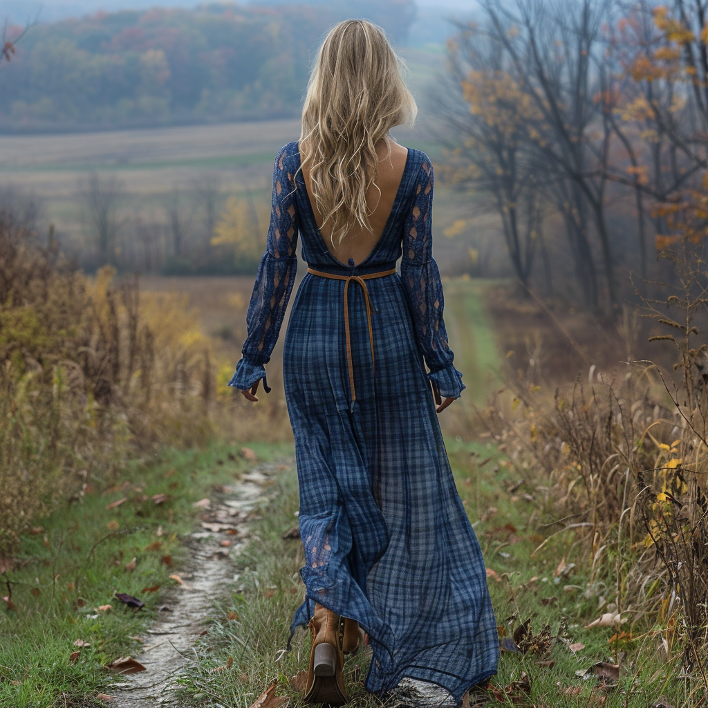 Women's Retro Pastoral Style Plaid Long-sleeve Sexy Maxi Long Dress