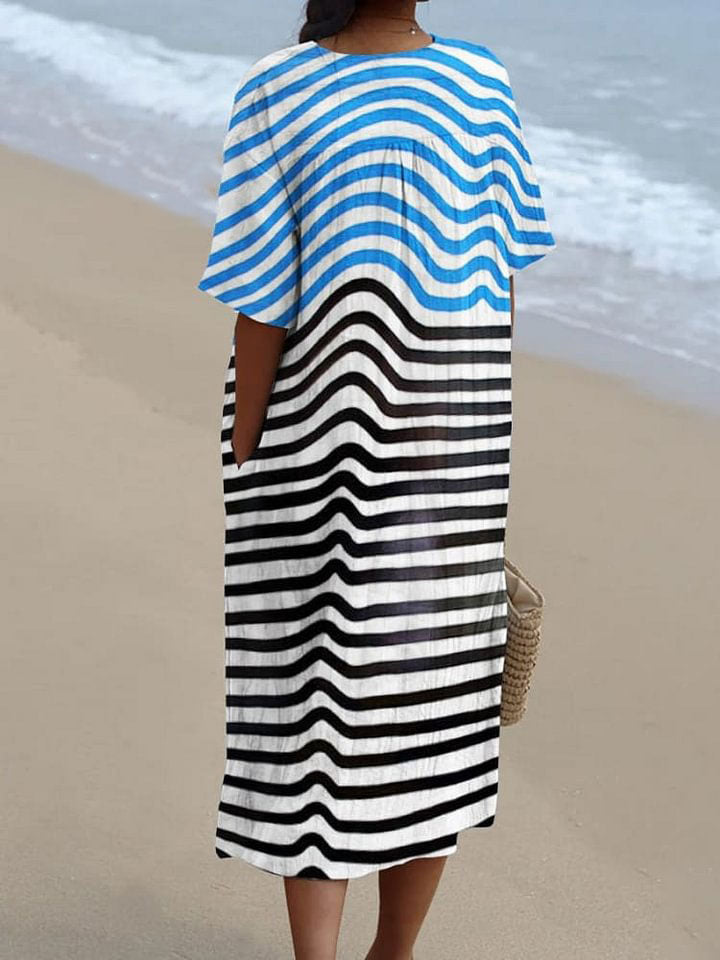 Blue and Black Stripes Decorative Pattern Flowy Dress