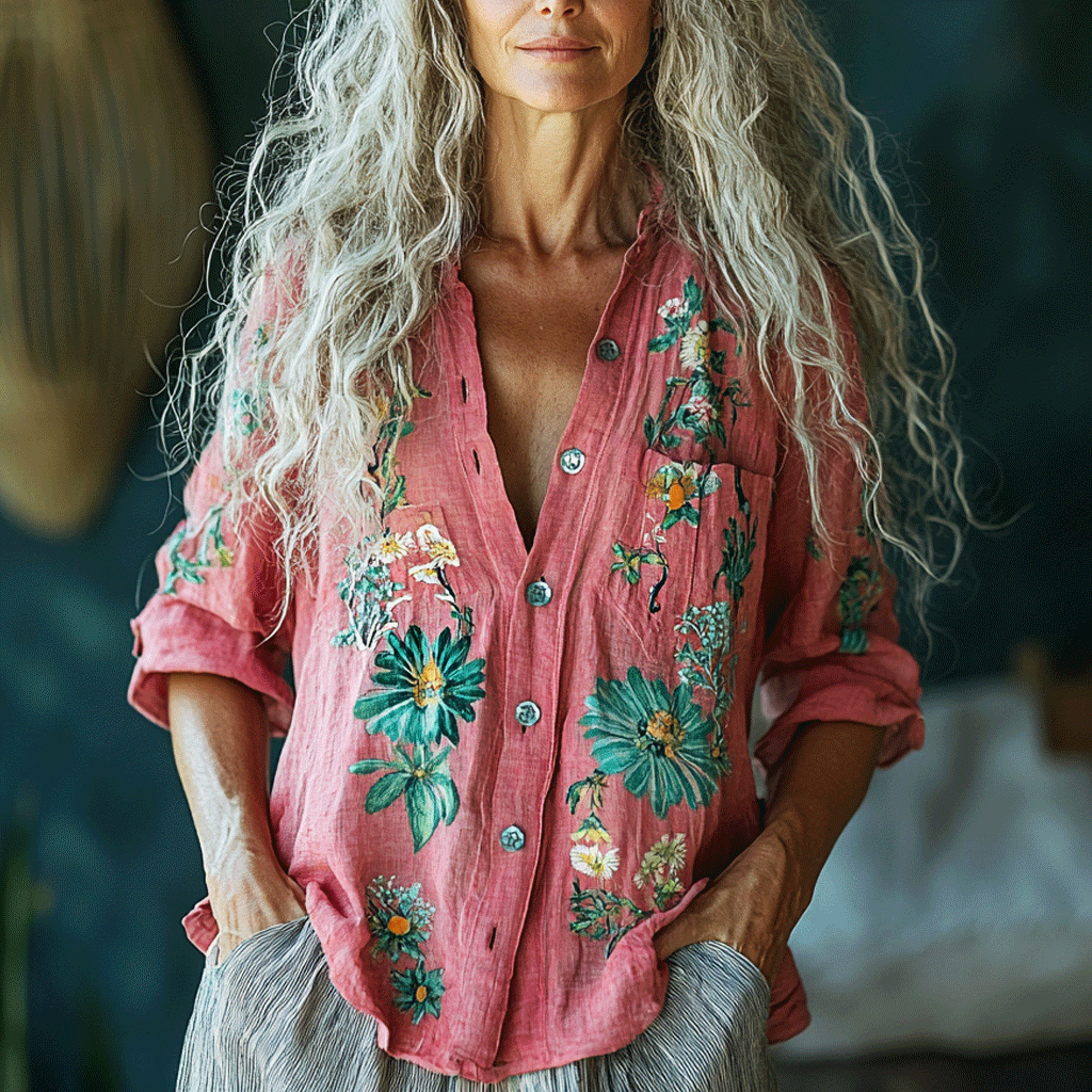 Women's Linen Bohemia Style Floral Long-sleeved Breathable Top Shirt