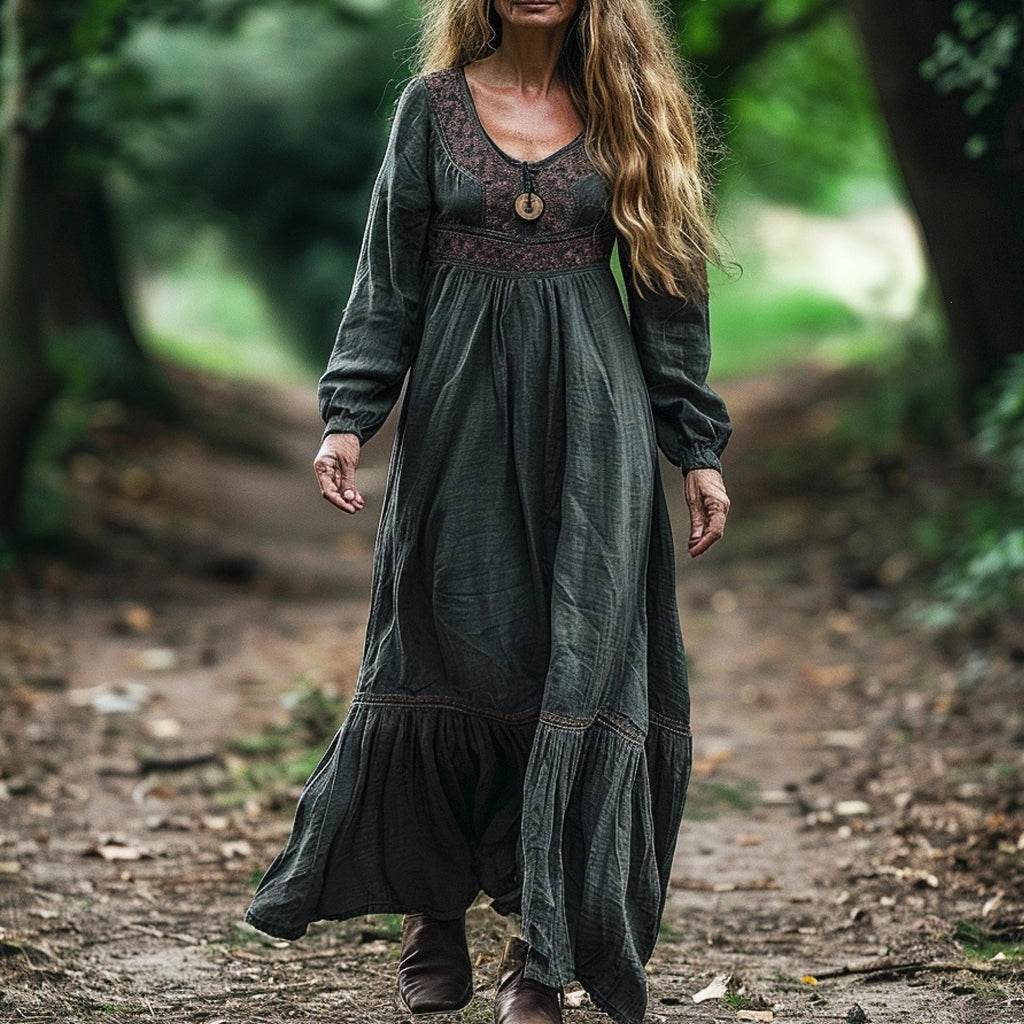 Women's Linen Ethnic Bohemian Long-sleeve Maxi Long Dress