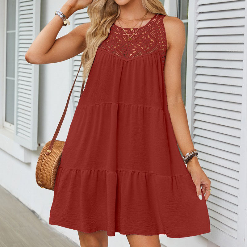 Hollow Lace Stitching Halter Neck A-line Dress