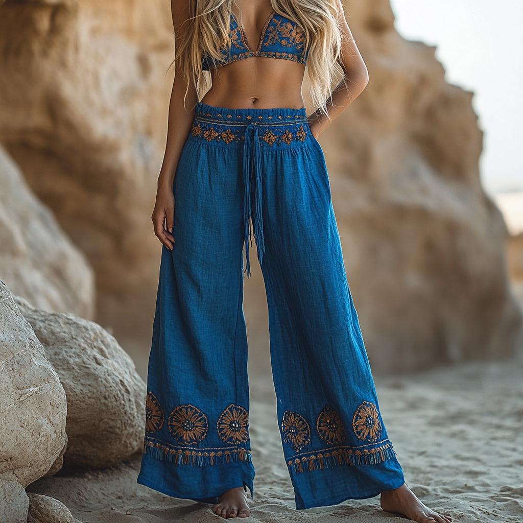 Women's Casual Bohemia Vacation Linen Style Long Loose Wide-leg Trouser Pants