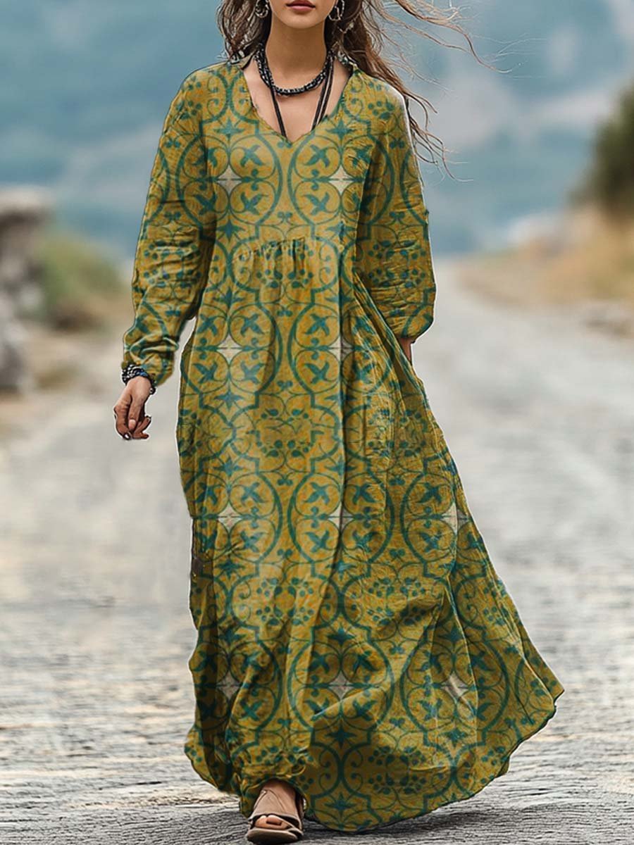 Women's Retro Flower Art Print Pocket Cotton Dress