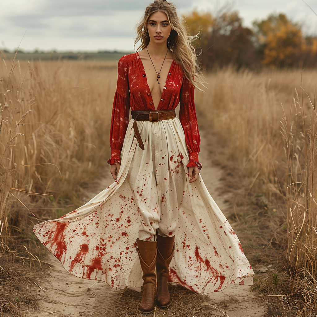 Women's Retro V-neck Linen Pastoral Halloween Style Long-sleeve Maxi Long Dress