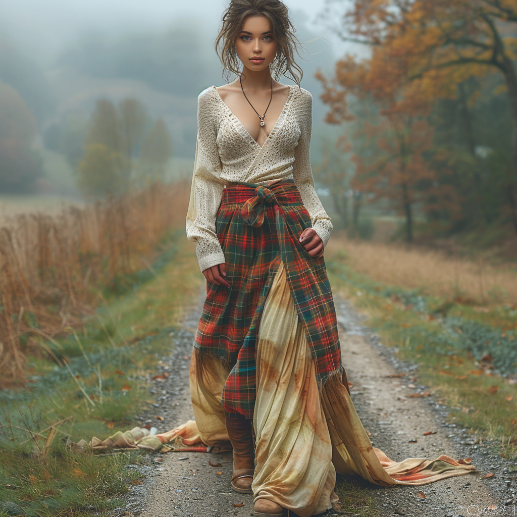 Women's Retro Plaid V-neck Long-sleeve Long Skirt Pastoral Style Maxi Long Dress