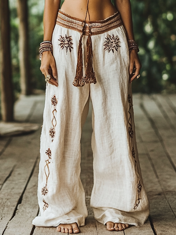 Hamivibe Vintage Bohemian Floral Ethnic Art Printed Cotton Linen Wide Leg Pants d1ef