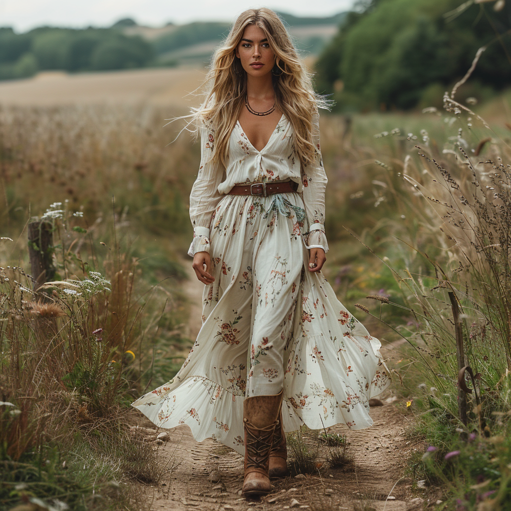 Women's Retro V-neck Floral Long-sleeve Bohemian Pastoral Style Maxi Long Dress