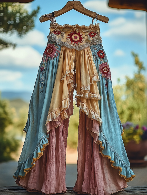 Summer ruffled cotton and linen patchwork contrast color pants fd20