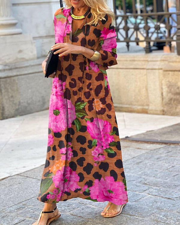 Vintage Floral Leopard Print V Neck Long Sleeve Dress