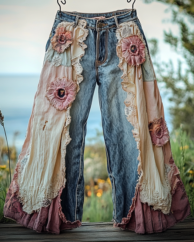 Summer Vacation Ruffle Lace Denim Patchwork Pants 2f5e