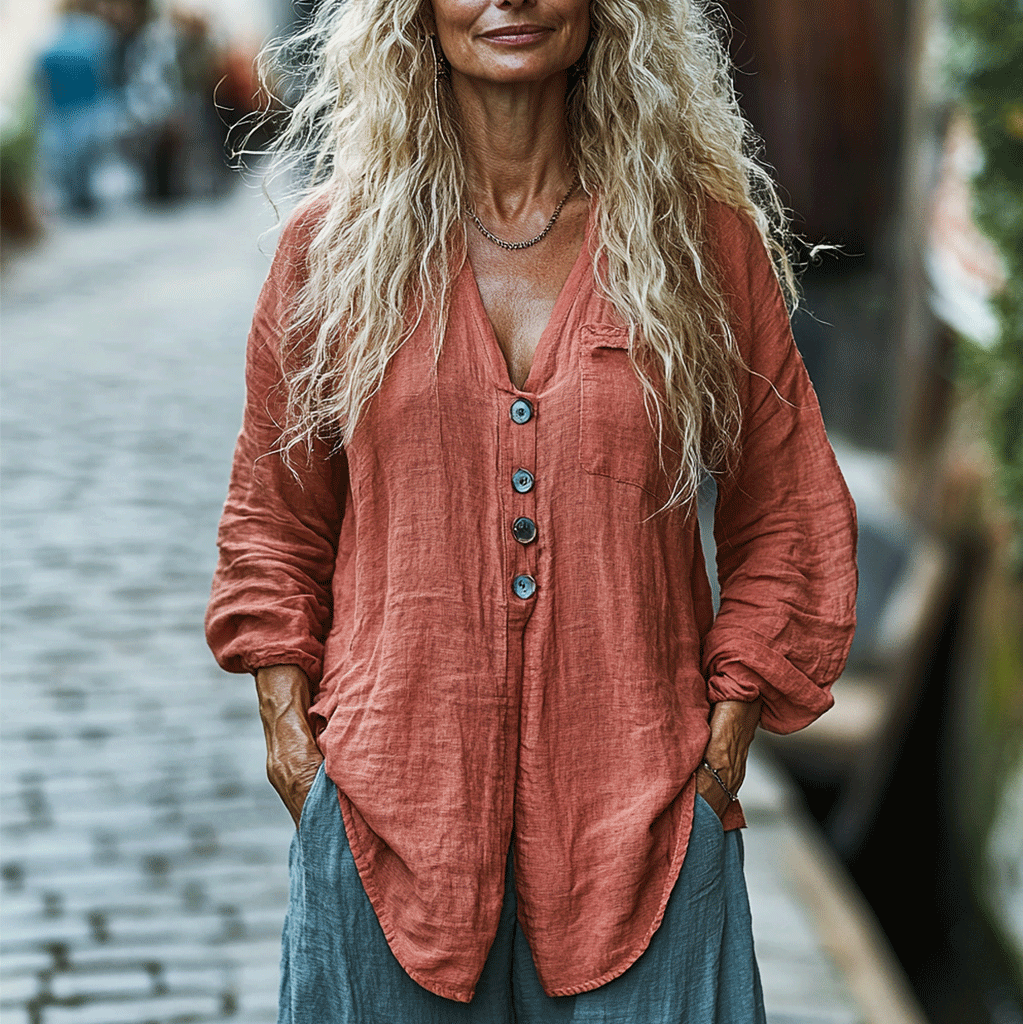 Women's Casual Bohemian Linen Style Long-sleeve Top Shirt