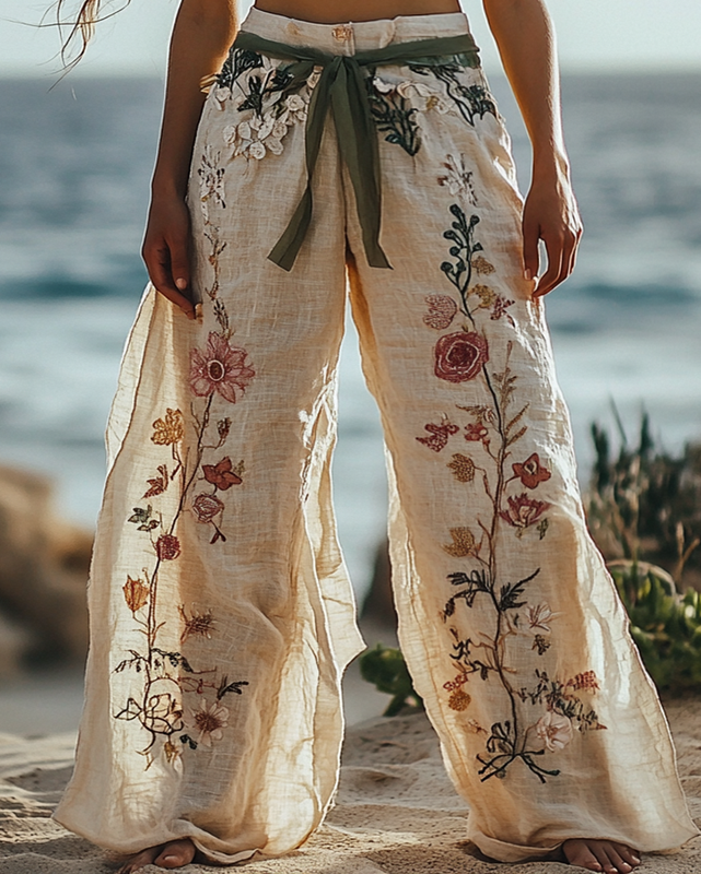 Summer Vacation Lace Handmade Floral Embroidery Pants b28f