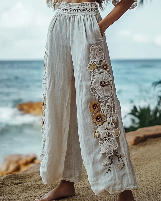 Summer Vacation Lace Handmade Floral Embroidery Pants edf1