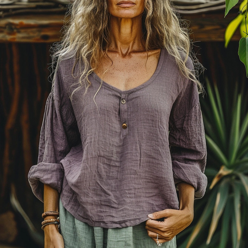 Women's Bohemian Linen Style Basic Long-sleeve Top Shirt