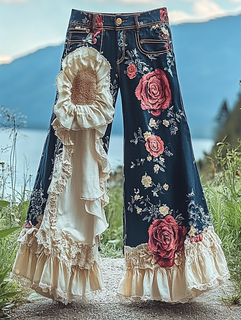 Summer ruffled denim cotton and linen patchwork contrast color pants b72a