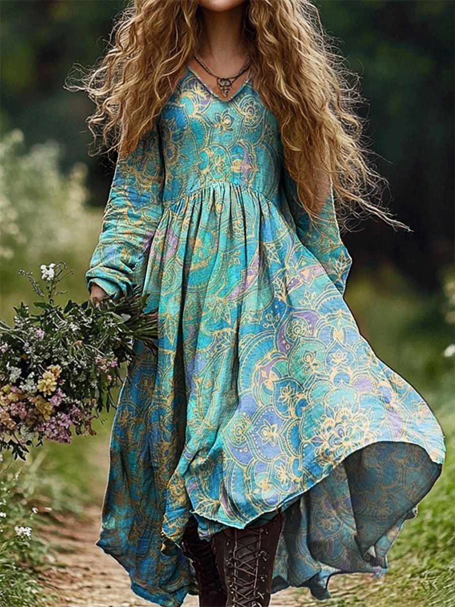 Women's National Floral Art Pattern Print V Neck Pocket Cotton Dress